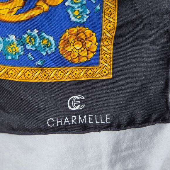 Vintage Charmelle Queen Bee Silk Scarf Rolled Hem Blue Gold Black - Picture 6 of 12